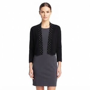 Andrea Jovine Cardigan Womens PM‎ Black Pearl Studs Cropped Open Front PM Petite